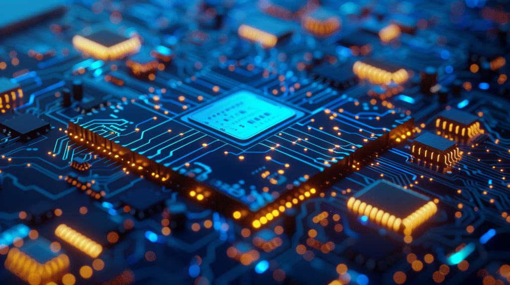 Futuristic AI chip glowing with blue neon circuits