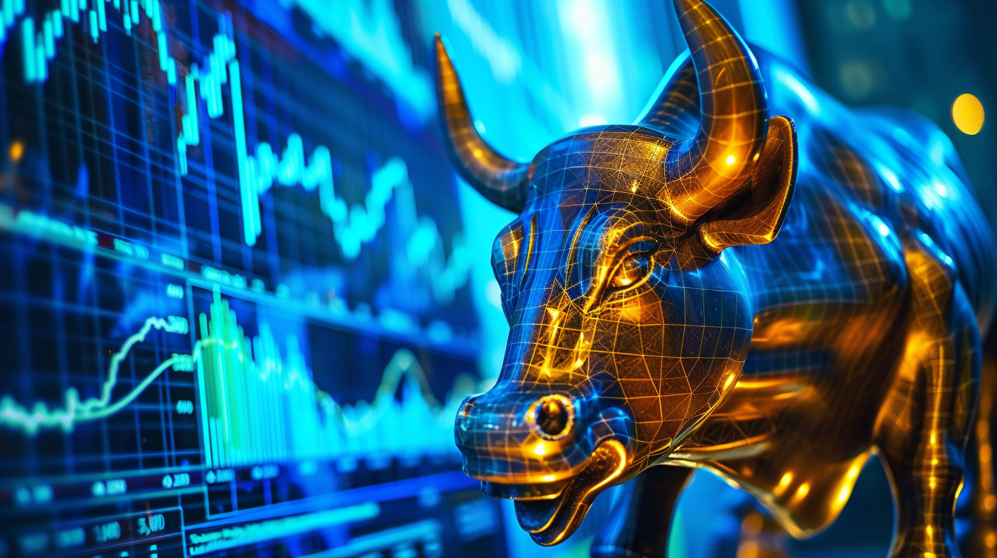Wall Street bull with holographic stock charts